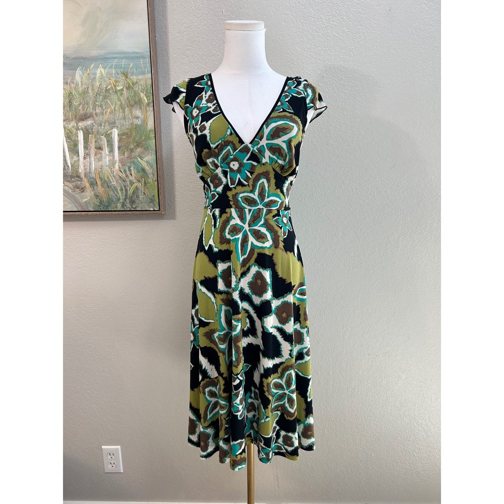 Abstract Floral Midi Dress Green Teal Brown Y2K Size S